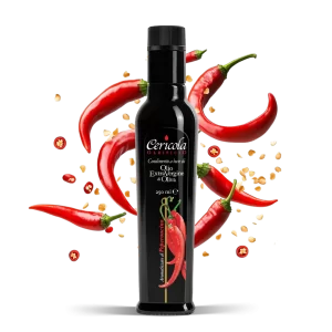 condimento a base di olio extra vergine di oliva aromatizzato al peperoncino oleificio cericola con sfondo