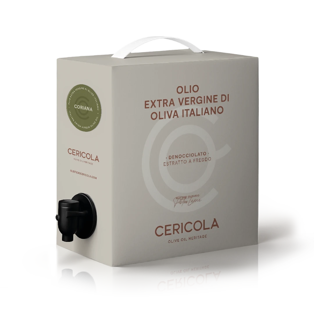olio extravergine di oliva superintensivo coriana denocciolato a freddo monocultivar bag in box 1l oleificio cericola